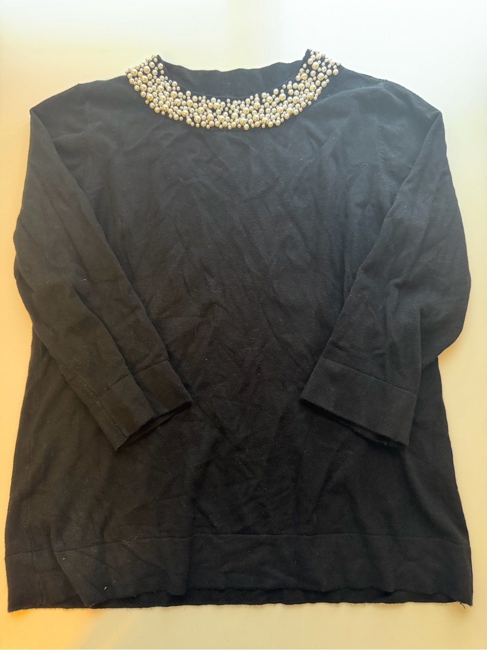 Karl Lagerfeld Black Crewneck Sweater with Pearl Embellishment